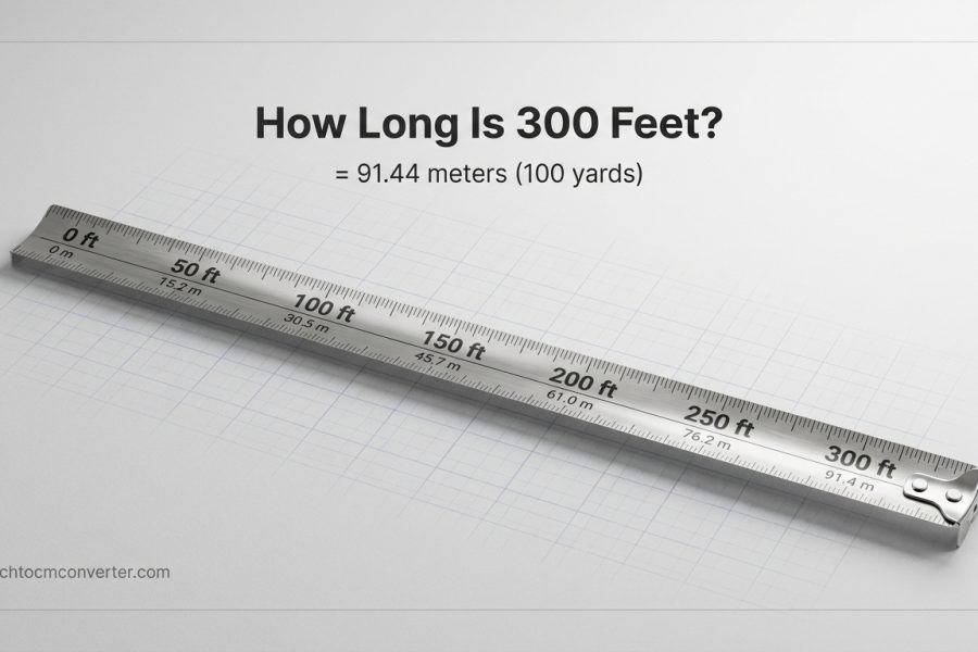 Hero graphic showing a 300-foot tape measure, equal to 91.44 meters