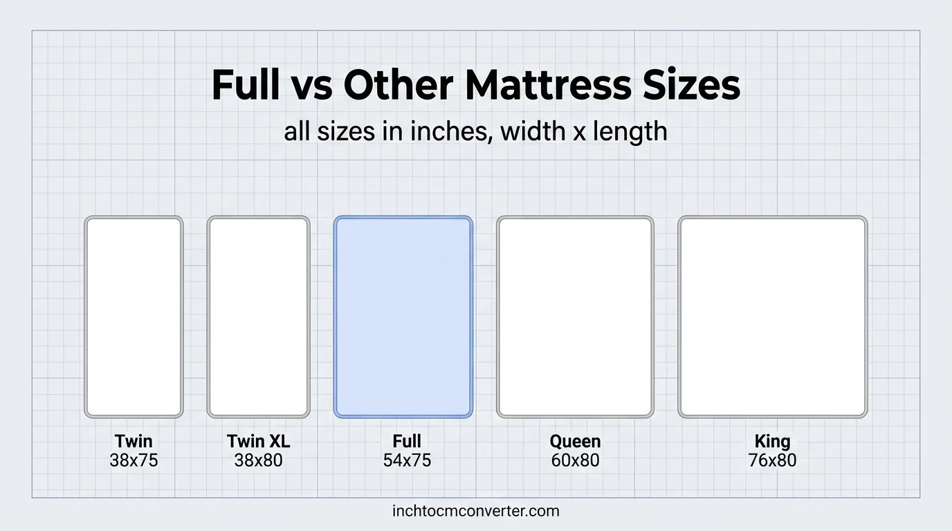 Full bed size compared with Twin, Twin XL, Queen and King mattresses Full bed size compared with Twin, Twin XL, Queen and King mattresses