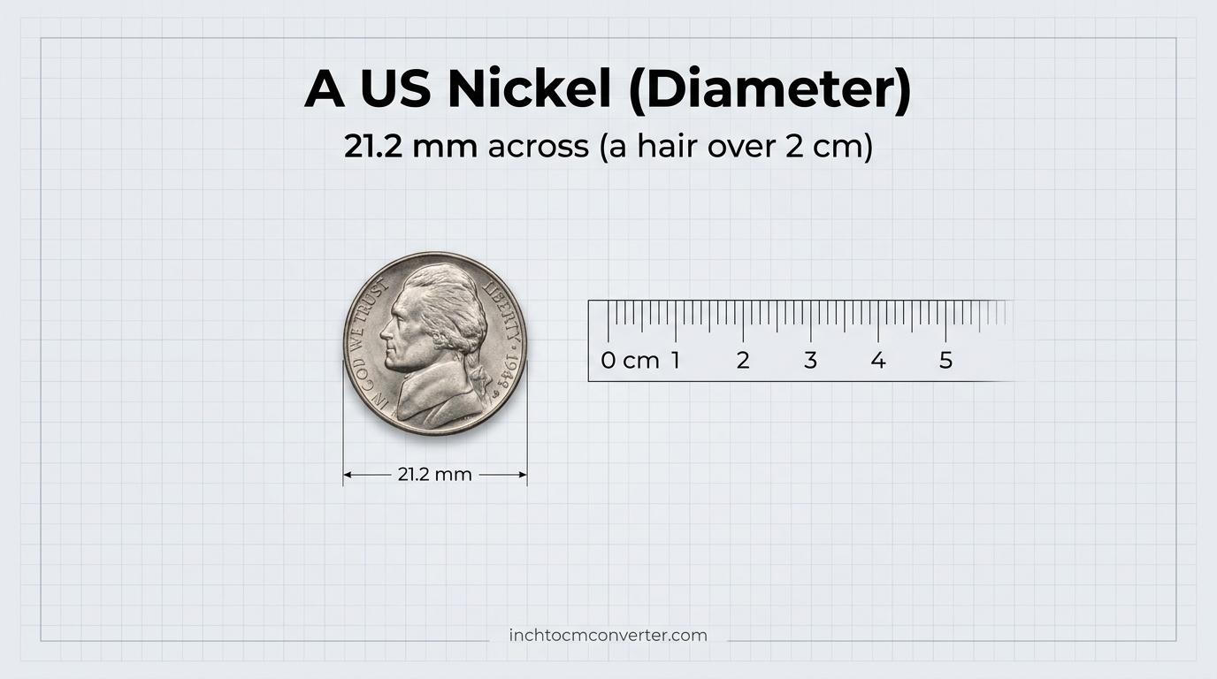 A US nickel about 21.2 mm across next to a centimeter ruler