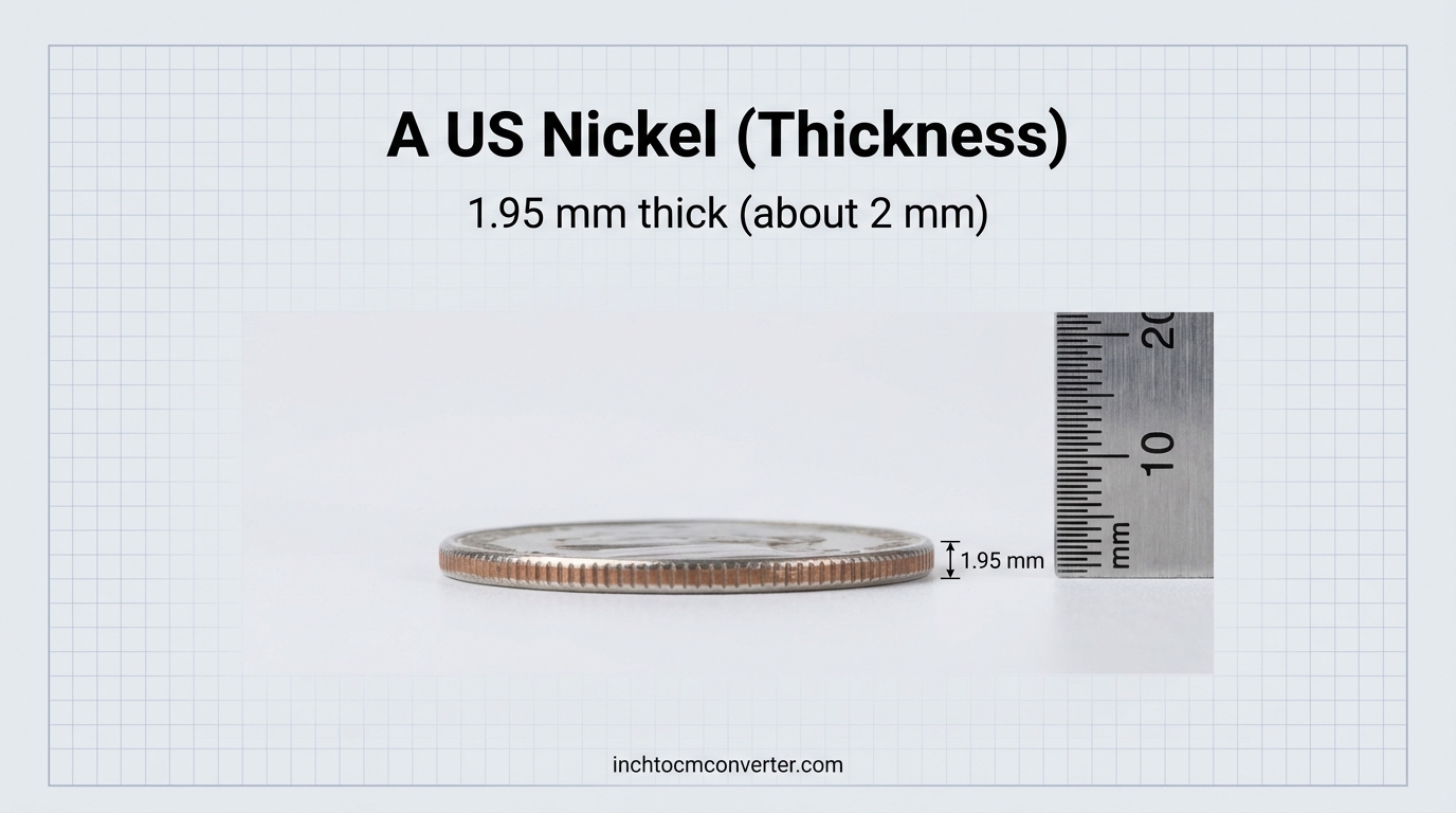 A US nickel about 1.95 mm thick next to a millimeter ruler A US nickel about 1.95 mm thick next to a millimeter ruler