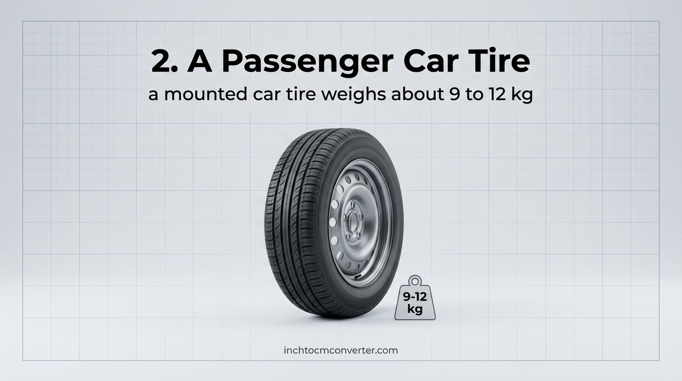 A passenger car tire weighs about 9 to 12 kg