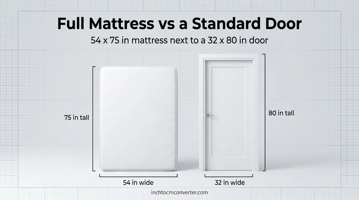 A 54 x 75 inch full mattress next to a 32 x 80 inch door A 54 x 75 inch full mattress next to a 32 x 80 inch door