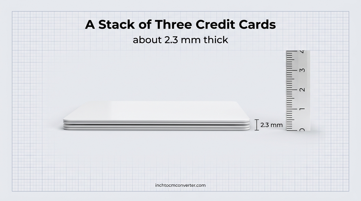 A stack of three credit cards about 2.3 mm thick next to a millimeter ruler A stack of three credit cards about 2.3 mm thick next to a millimeter ruler