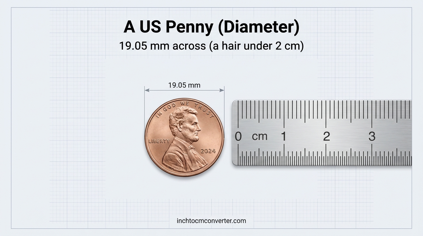 A US penny about 19.05 mm across next to a centimeter ruler