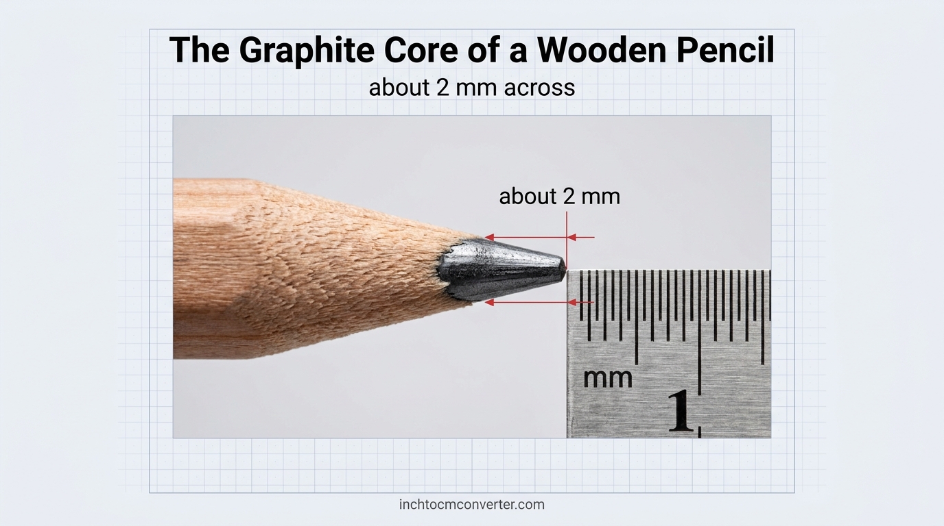 The graphite core of a wooden pencil about 2 mm across next to a millimeter ruler The graphite core of a wooden pencil about 2 mm across next to a millimeter ruler
