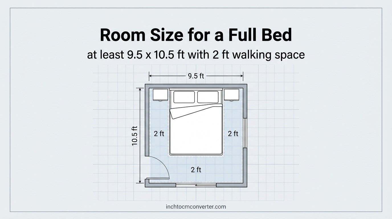 Floor plan of a 9.5 x 10.5 ft room with a full bed Floor plan of a 9.5 x 10.5 ft room with a full bed