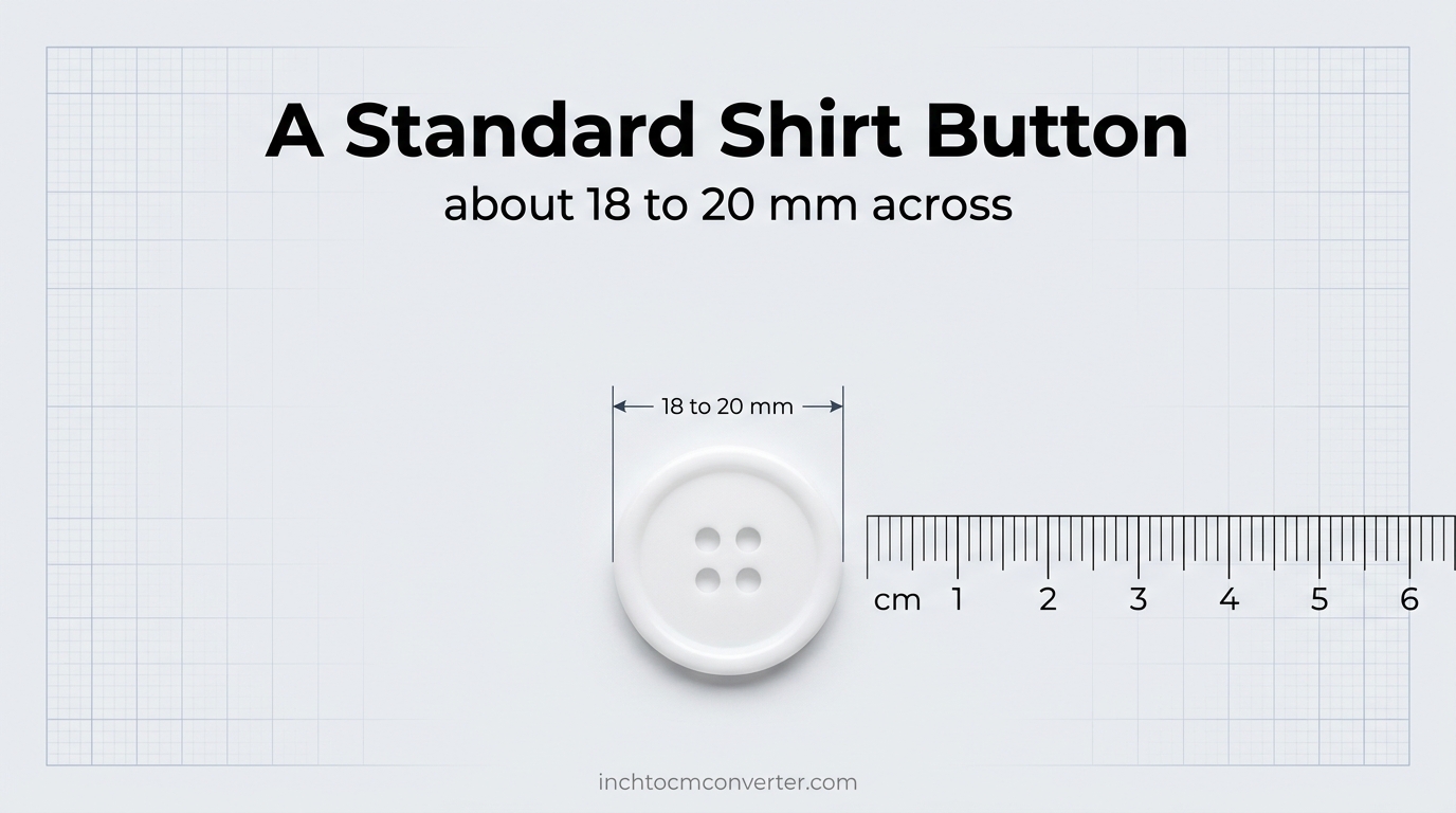 A standard shirt button about 18 to 20 mm across next to a centimeter ruler