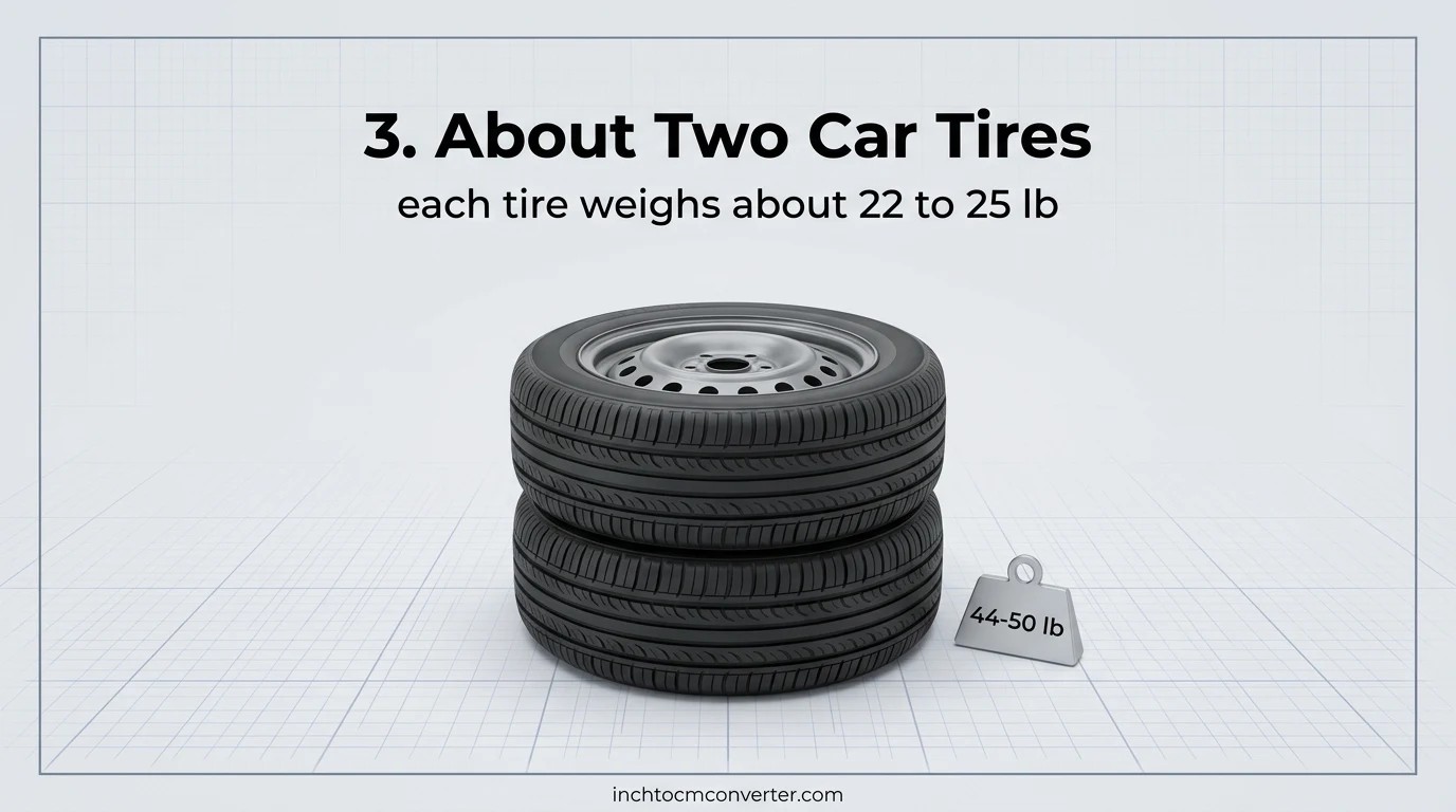 Two car tires weigh about 50 pounds together