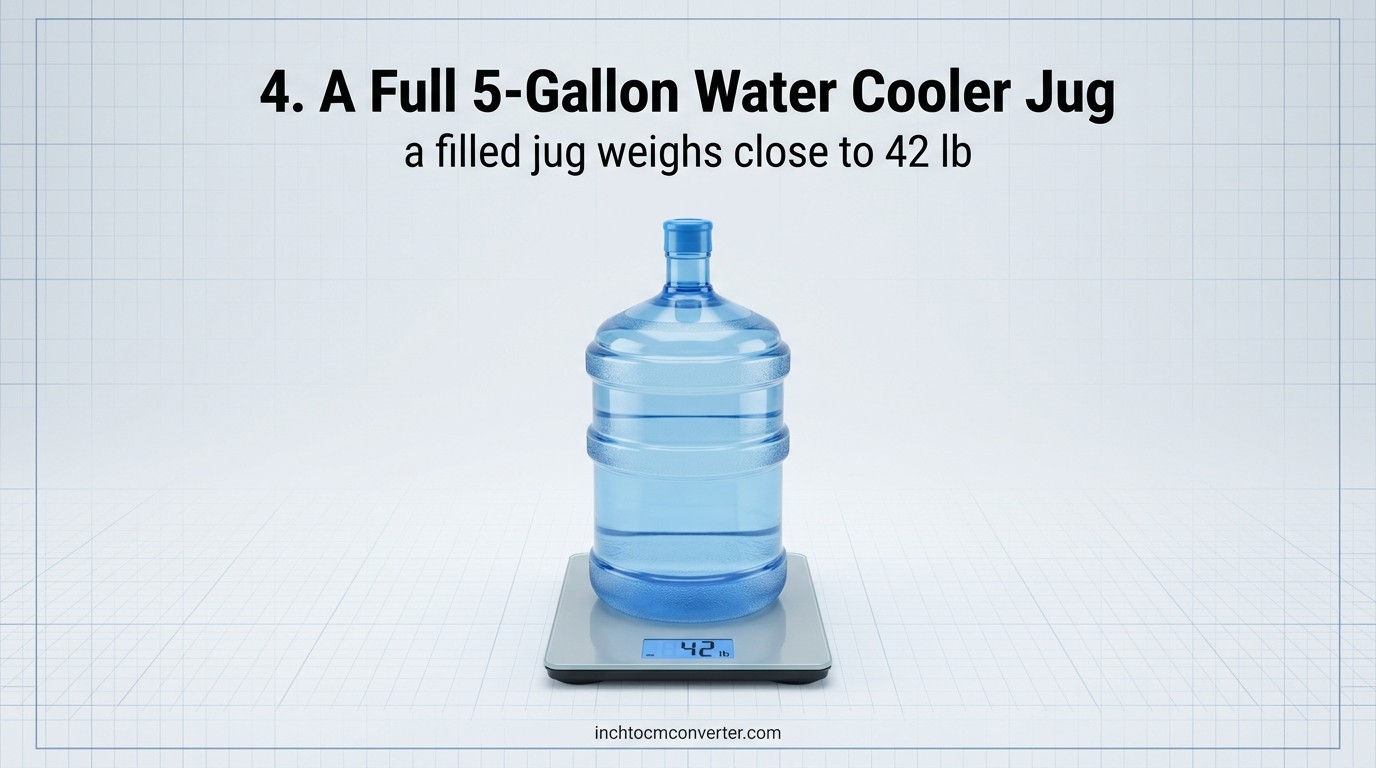 A full 5-gallon water cooler jug weighs close to 42 pounds