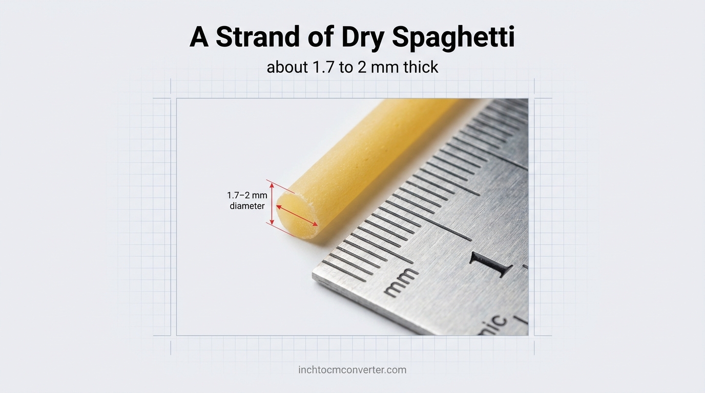 A strand of dry spaghetti about 2 mm thick next to a millimeter ruler A strand of dry spaghetti about 2 mm thick next to a millimeter ruler