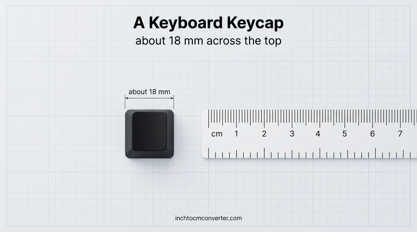 A keyboard keycap about 18 mm across the top next to a centimeter ruler