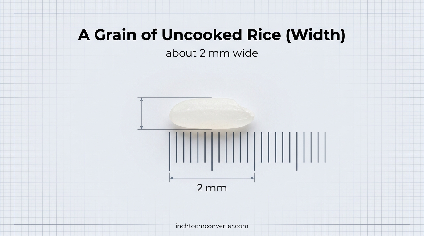 A grain of uncooked rice about 2 mm wide next to a millimeter ruler A grain of uncooked rice about 2 mm wide next to a millimeter ruler