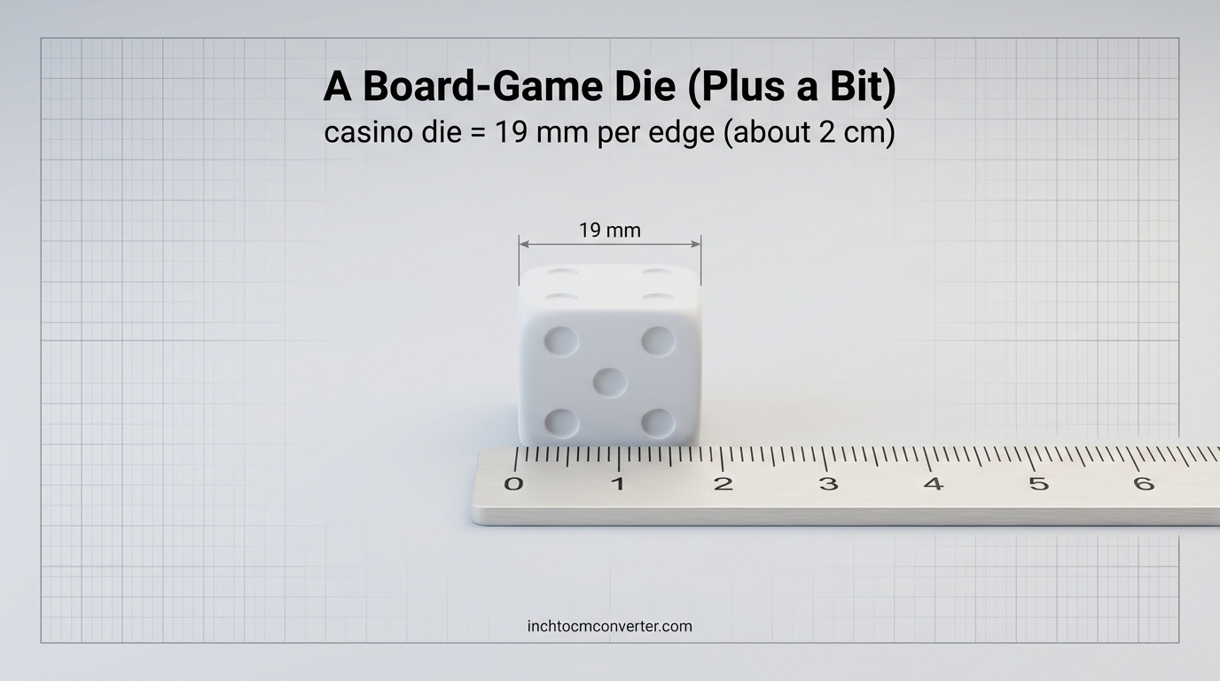 A casino die 19 mm per edge next to a centimeter ruler