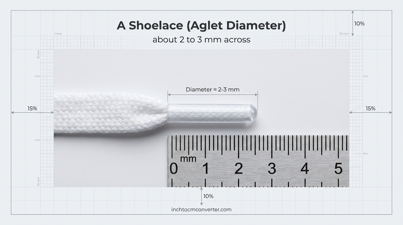 A shoelace aglet about 2 to 3 mm across next to a millimeter ruler A shoelace aglet about 2 to 3 mm across next to a millimeter ruler