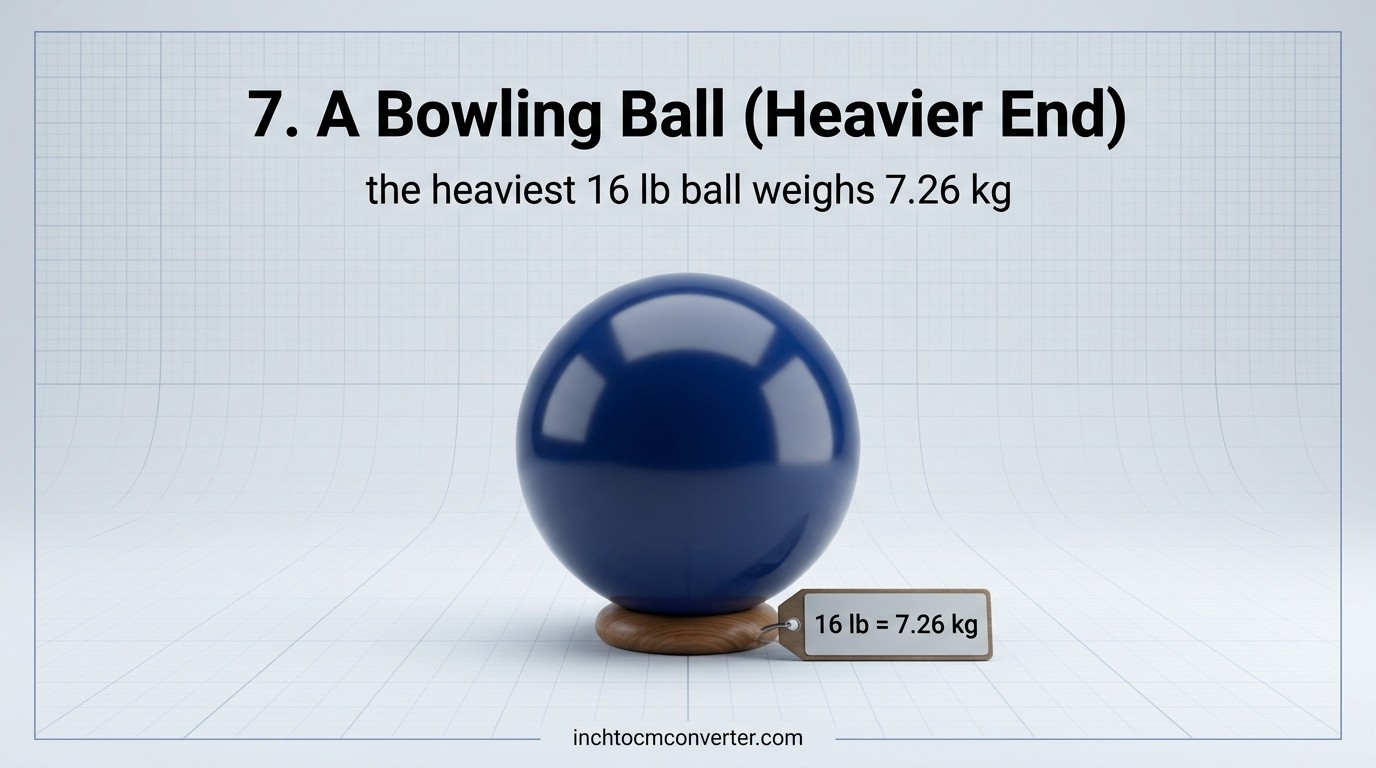 A 16 lb bowling ball weighs 7.26 kg