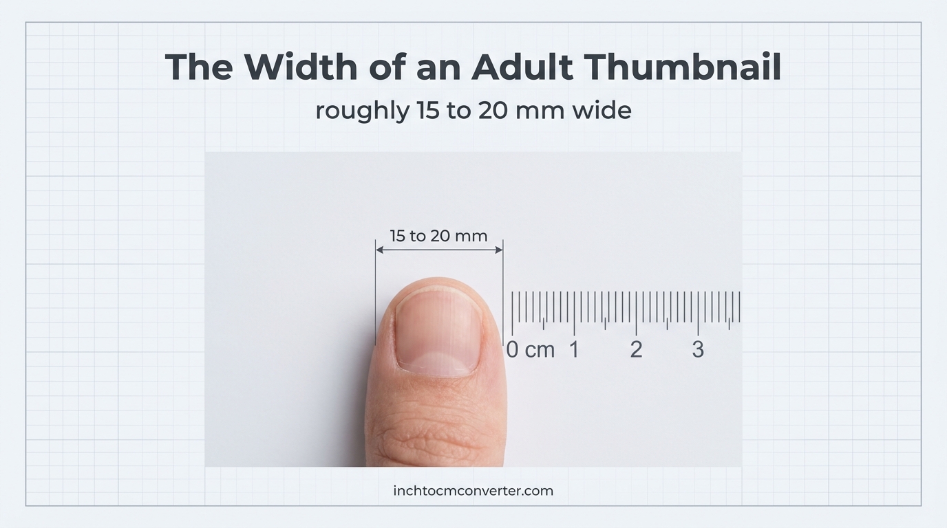 The width of an adult thumbnail about 15 to 20 mm next to a centimeter ruler