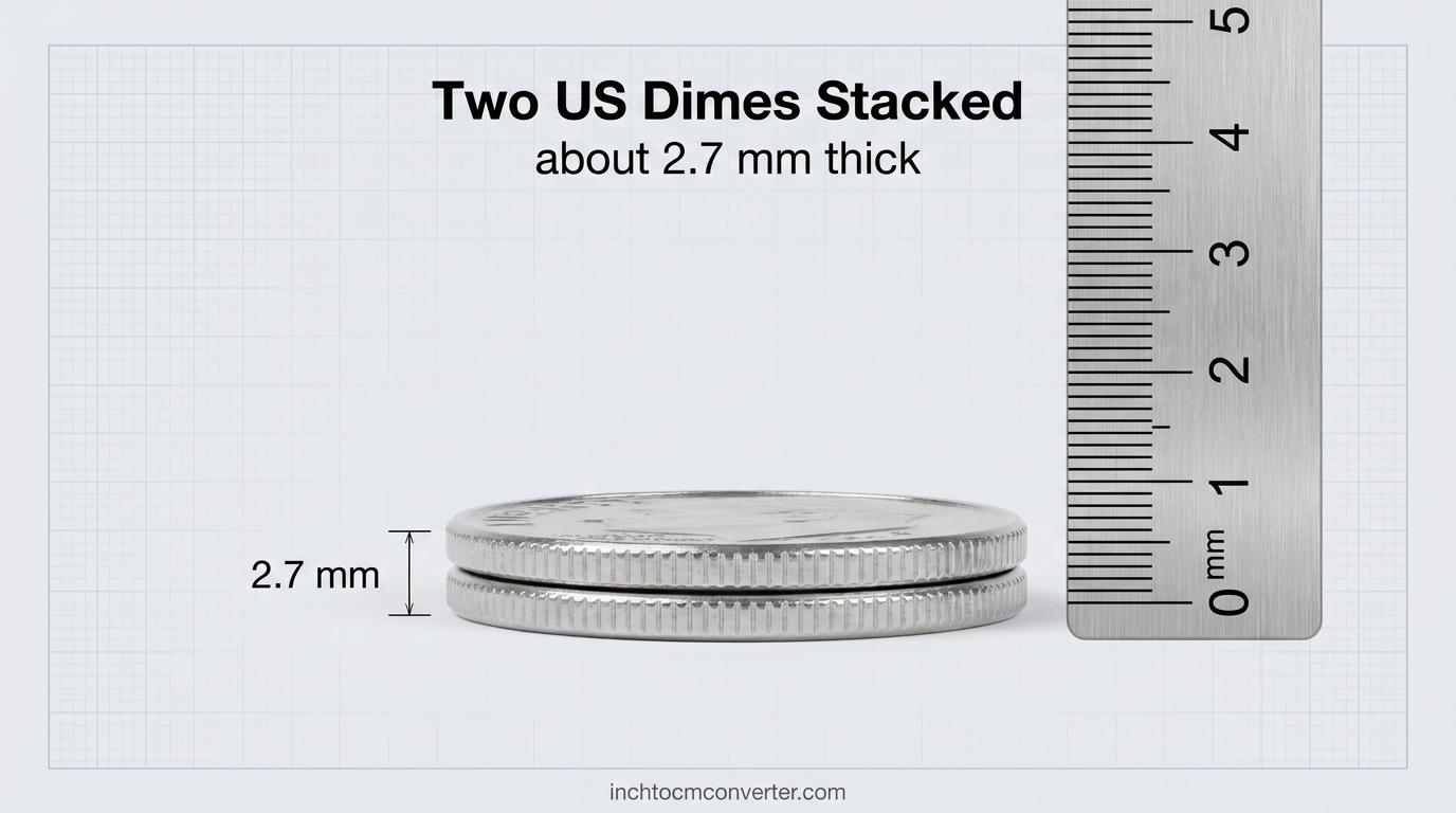 Two US dimes stacked about 2.7 mm thick next to a millimeter ruler Two US dimes stacked about 2.7 mm thick next to a millimeter ruler