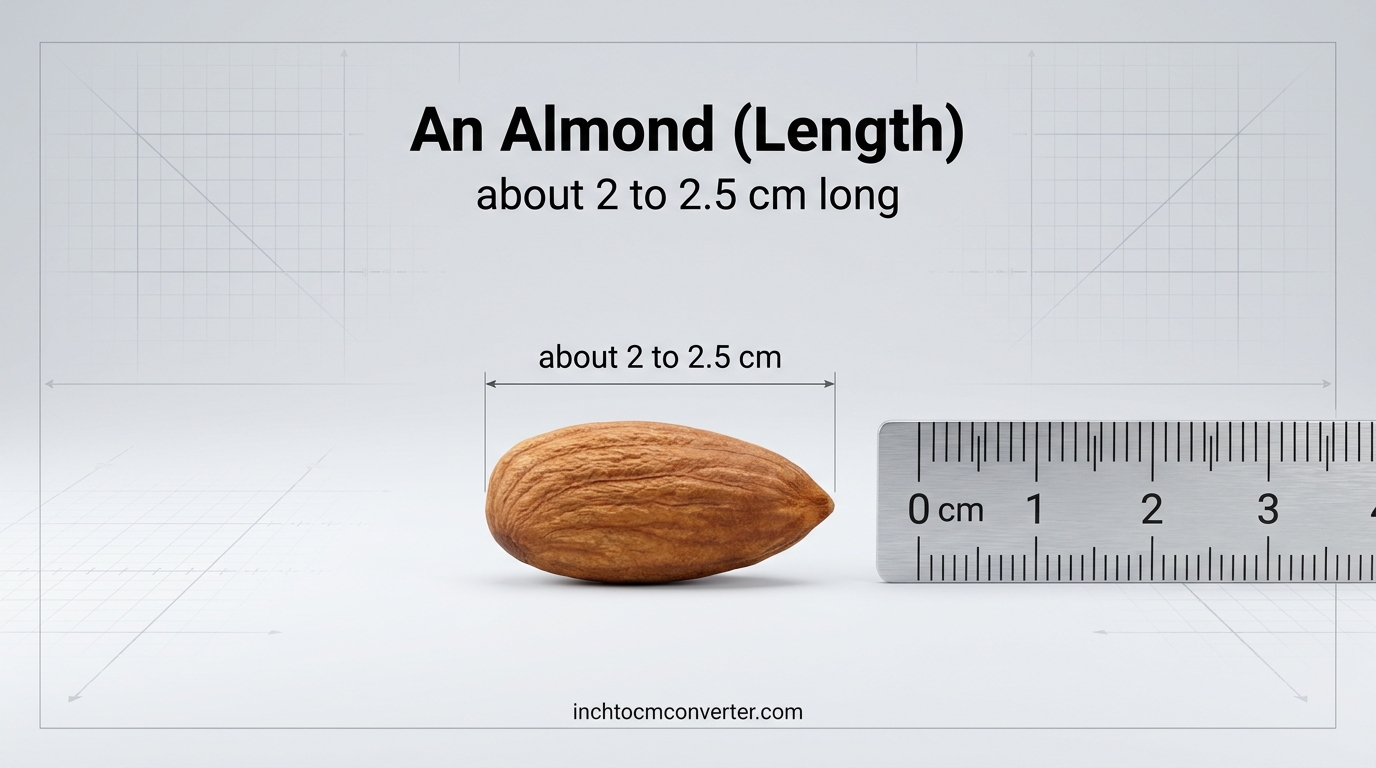 An almond about 2 to 2.5 cm long next to a centimeter ruler