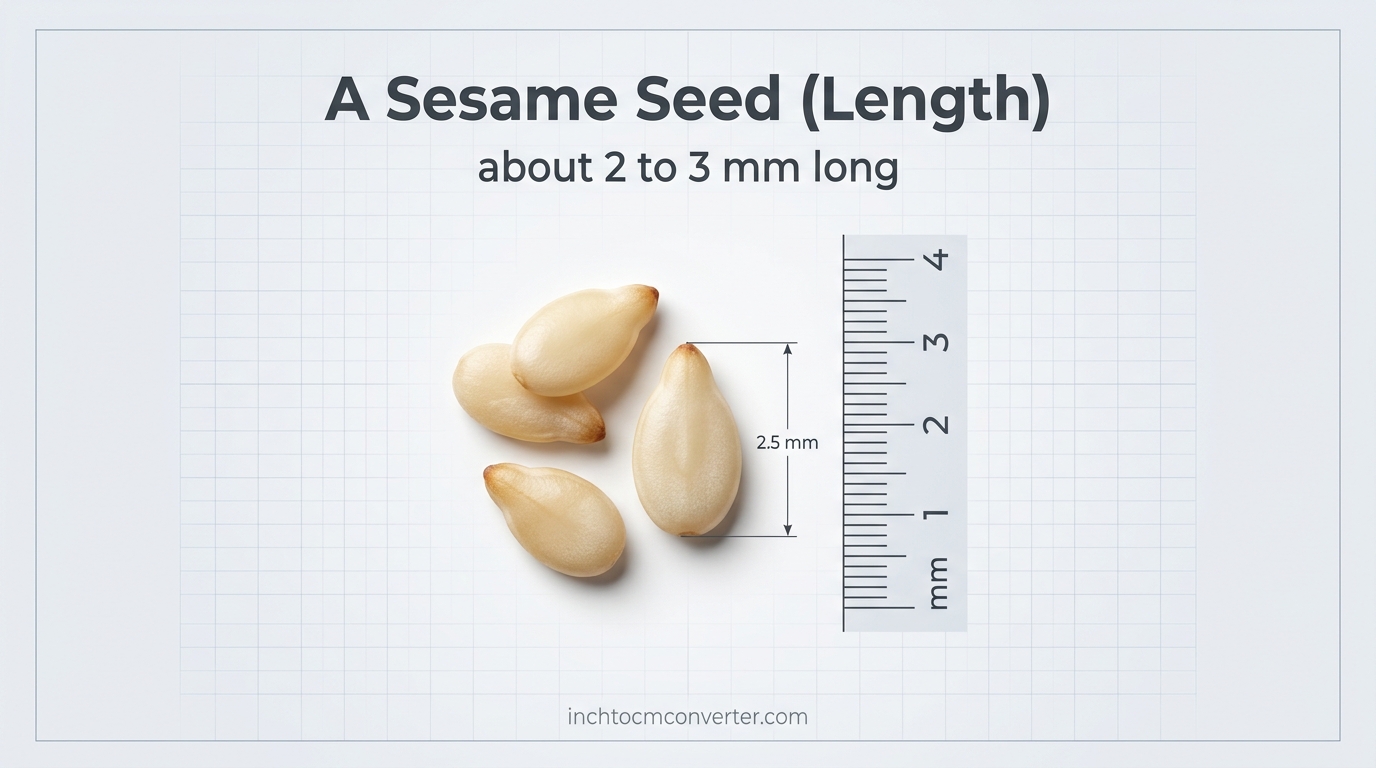 A sesame seed about 2 to 3 mm long next to a millimeter ruler A sesame seed about 2 to 3 mm long next to a millimeter ruler
