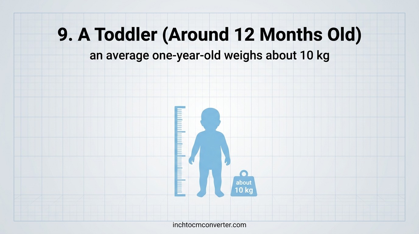 An average one-year-old toddler weighs about 10 kg