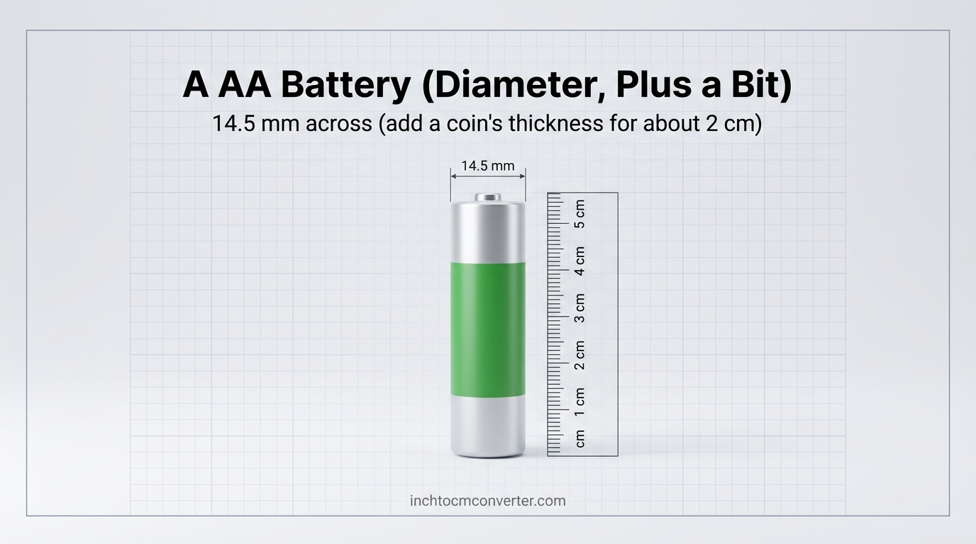 An AA battery 14.5 mm across next to a centimeter ruler