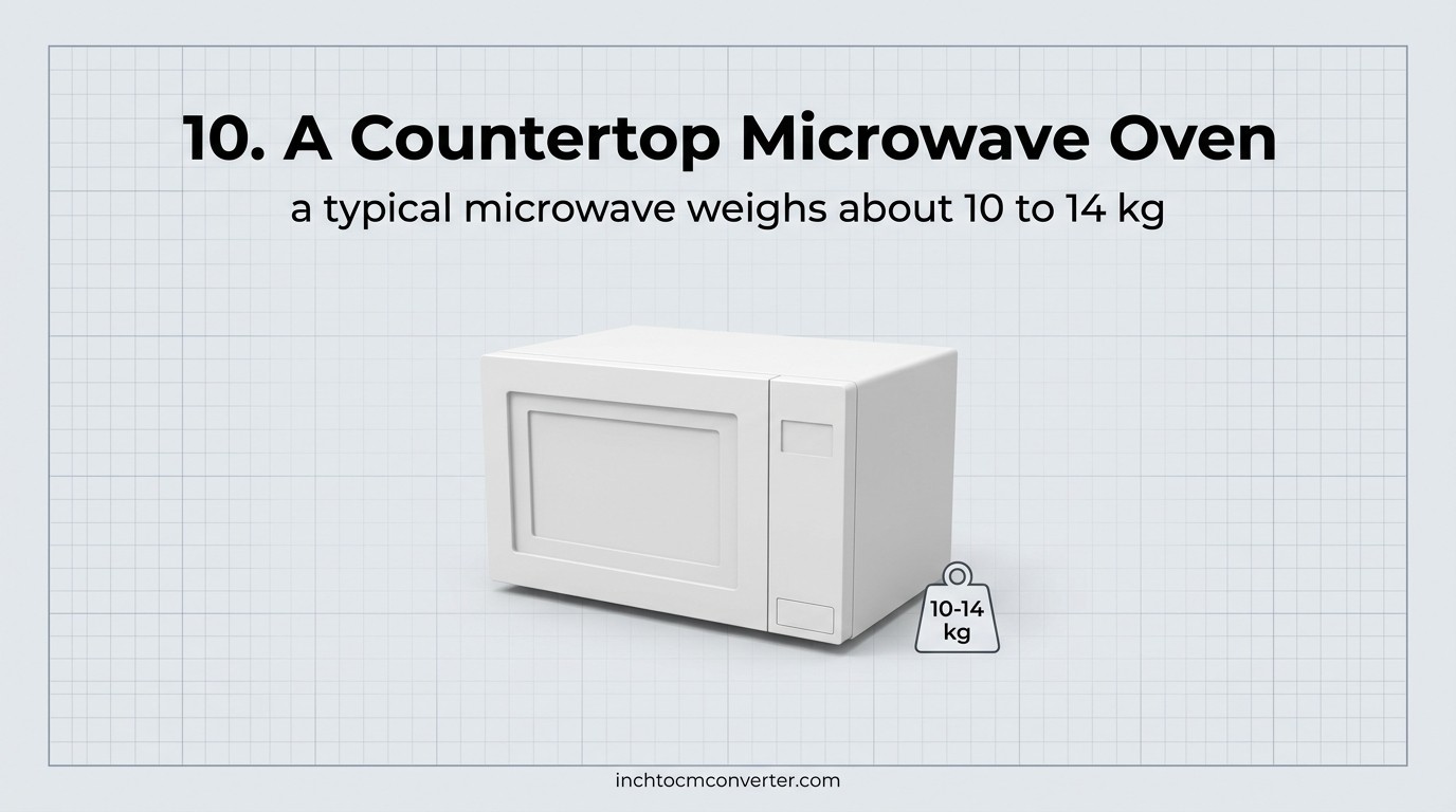 A countertop microwave oven weighs about 10 to 14 kg