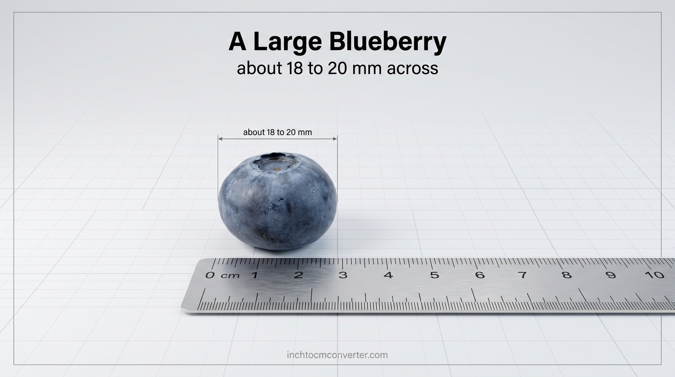A large blueberry about 18 to 20 mm across next to a centimeter ruler