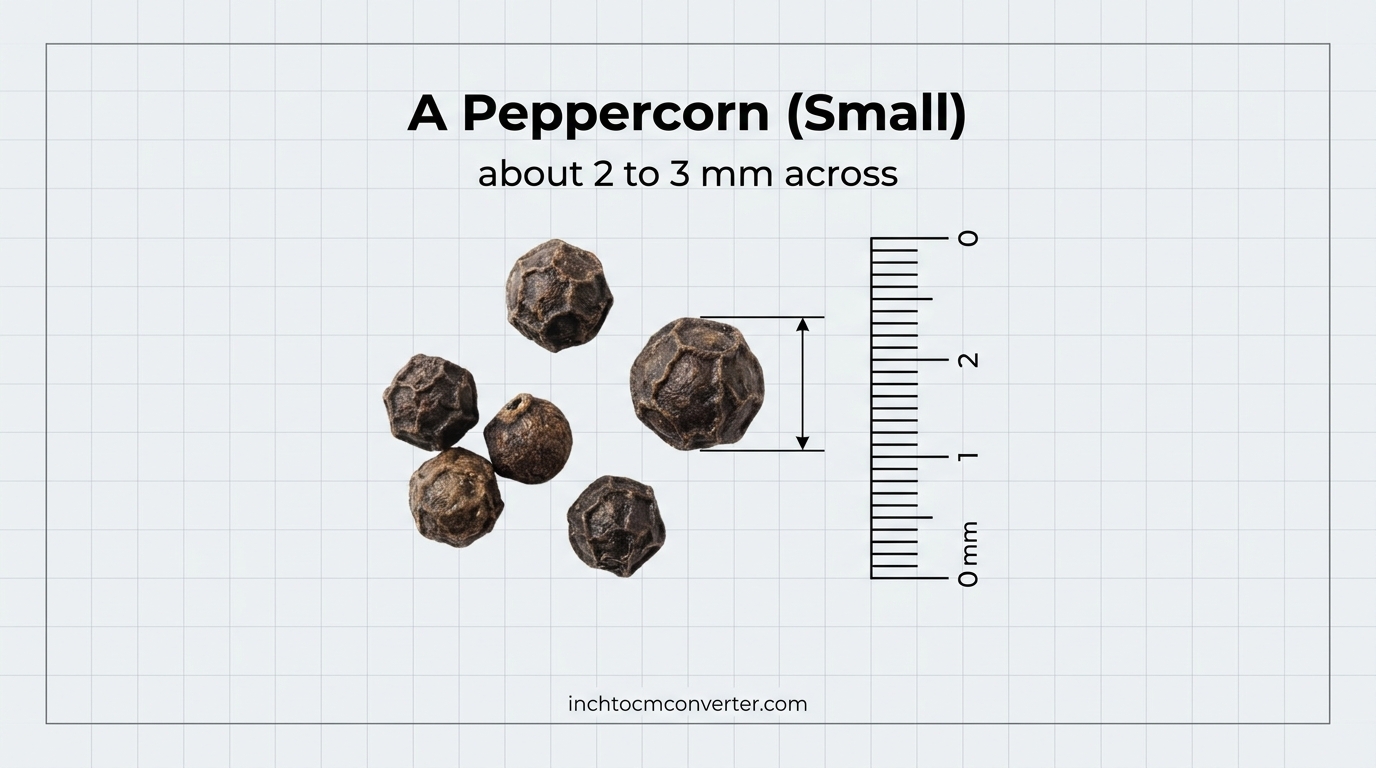 A small peppercorn about 2 to 3 mm across next to a millimeter ruler A small peppercorn about 2 to 3 mm across next to a millimeter ruler