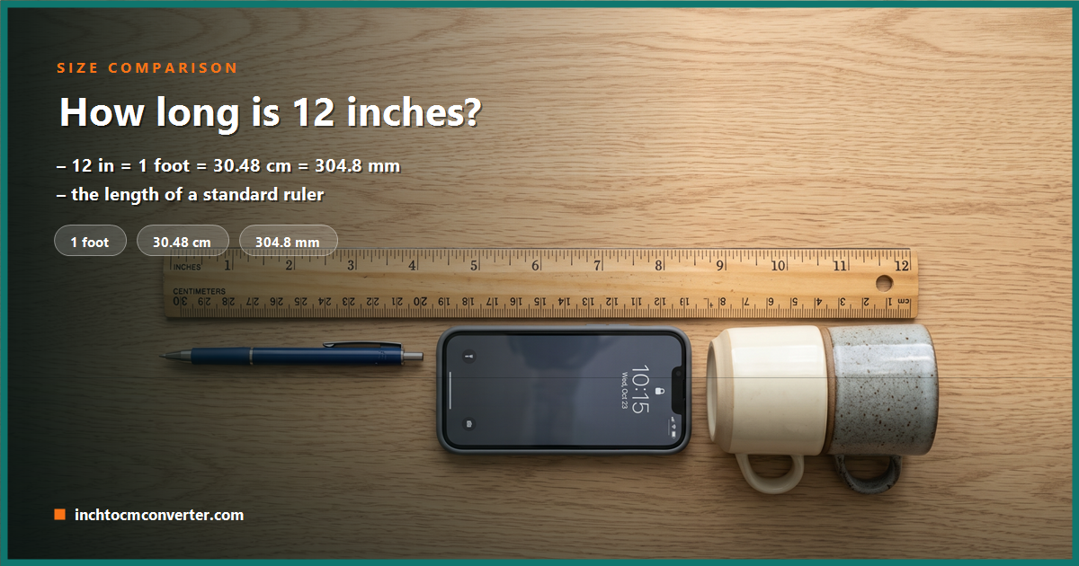 A 12-inch ruler next to a pen, a phone and mugs that are about one foot long A 12-inch ruler next to a pen, a phone and mugs that are about one foot long