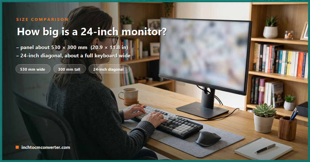 A 24-inch monitor on a desk shown with its width and height