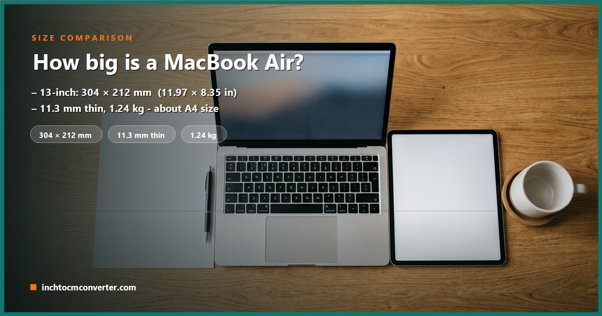A 13-inch MacBook Air shown to scale with its width and depth