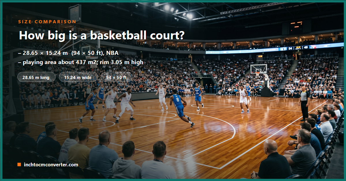 NBA basketball court plan measuring 94 by 50 feet