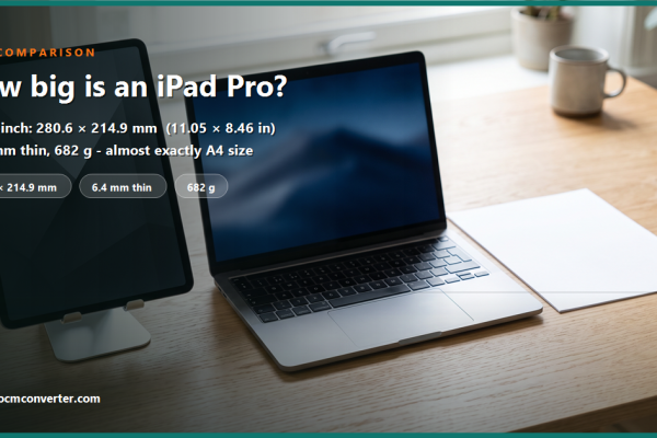 A 12.9-inch tablet upright next to a laptop and a sheet of A4, for scale.