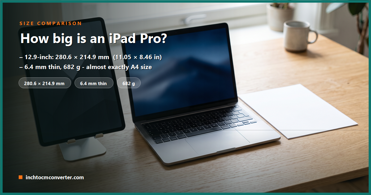 A 12.9-inch iPad Pro shown to scale with its height and width
