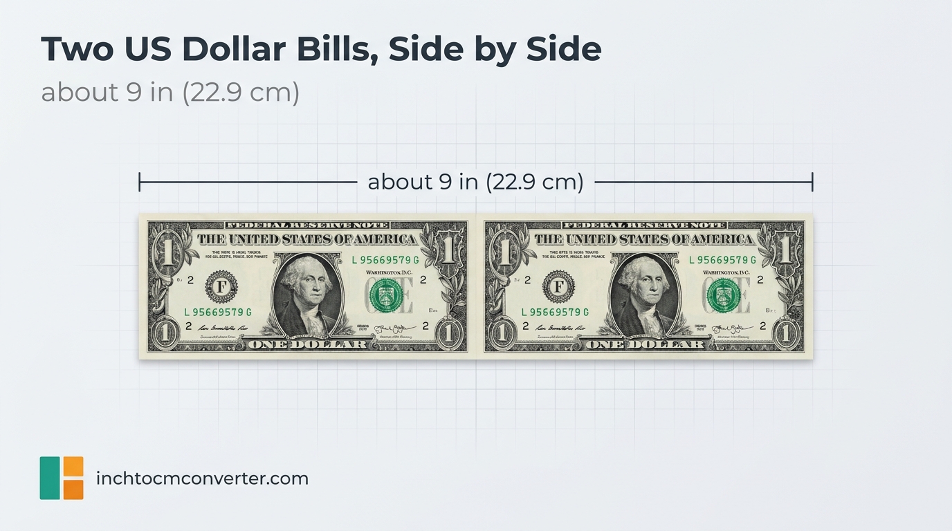 US dollar bills laid out to measure about 9 inches - size reference with measurement US dollar bills laid out to measure about 9 inches - size reference with measurement