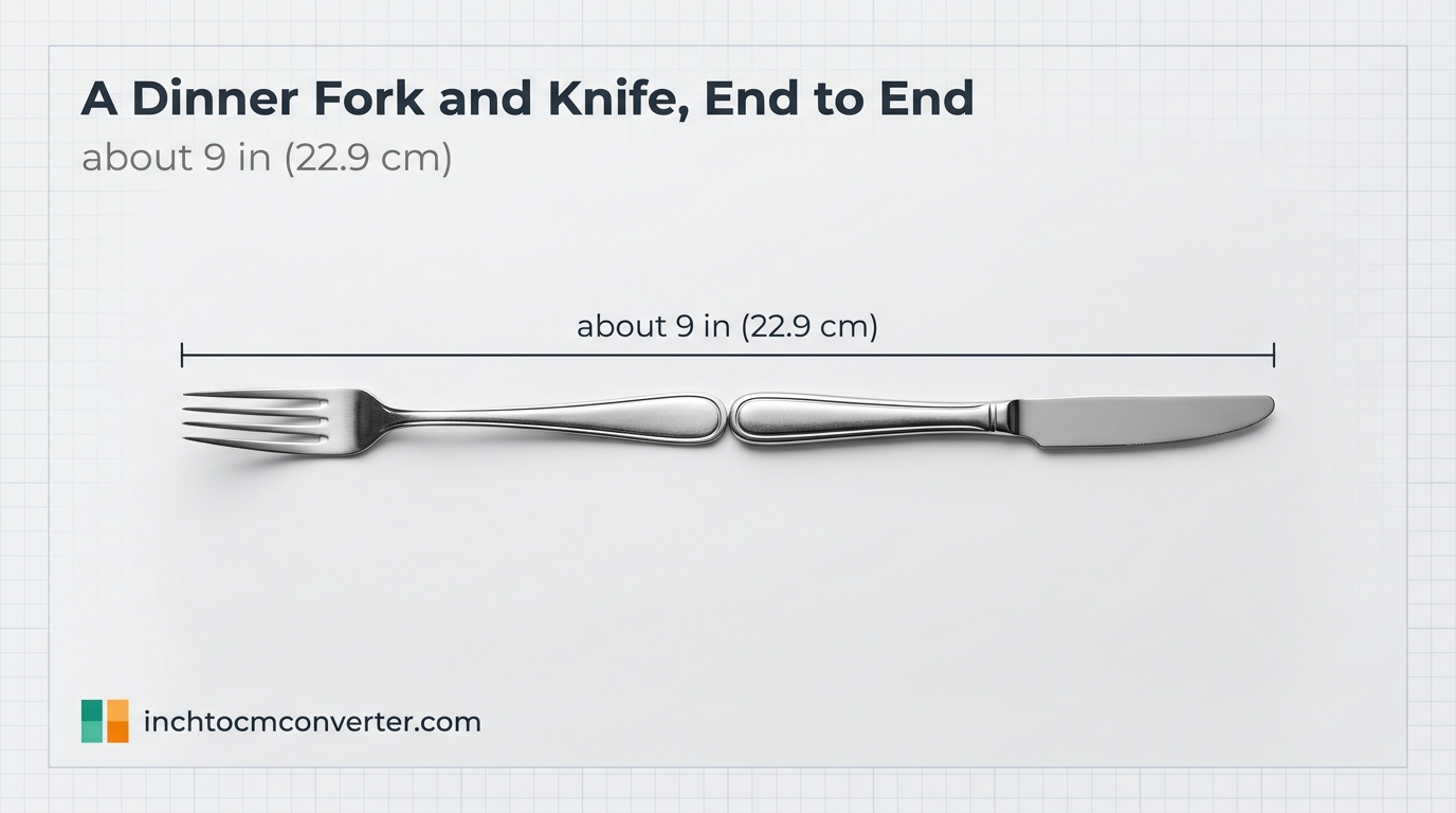 A dinner knife and fork, each about 7.5 to 9 inches long - size reference with measurement A dinner knife and fork, each about 7.5 to 9 inches long - size reference with measurement