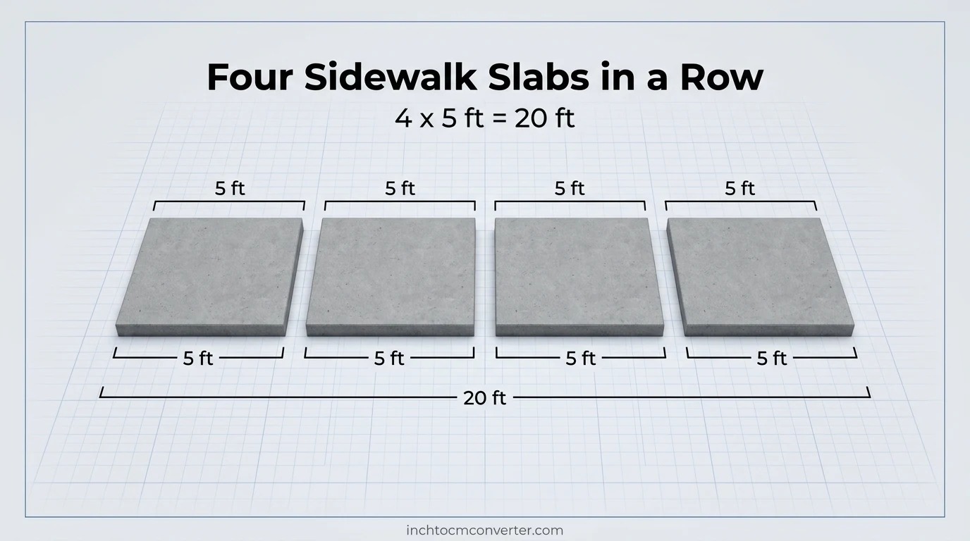 Four Sidewalk Slabs in a Row - 20 feet size reference with measurement Four Sidewalk Slabs in a Row - 20 feet size reference with measurement