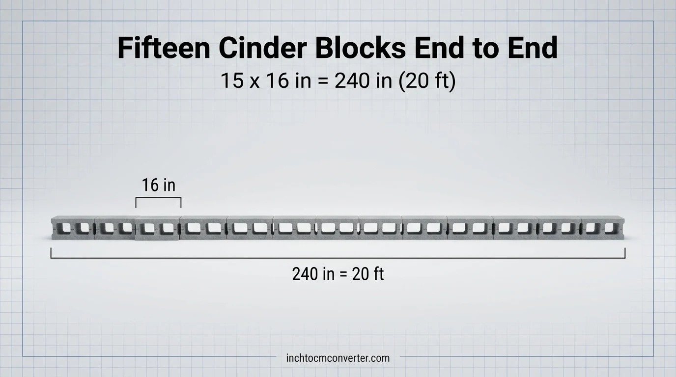 Fifteen Cinder Blocks End to End - 20 feet size reference with measurement Fifteen Cinder Blocks End to End - 20 feet size reference with measurement