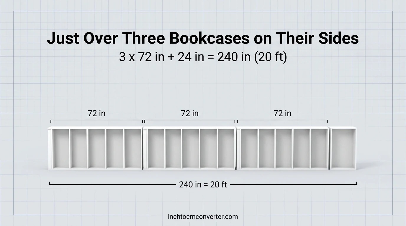 Bookcases laid on their sides to measure 20 feet - size reference with measurement Bookcases laid on their sides to measure 20 feet - size reference with measurement