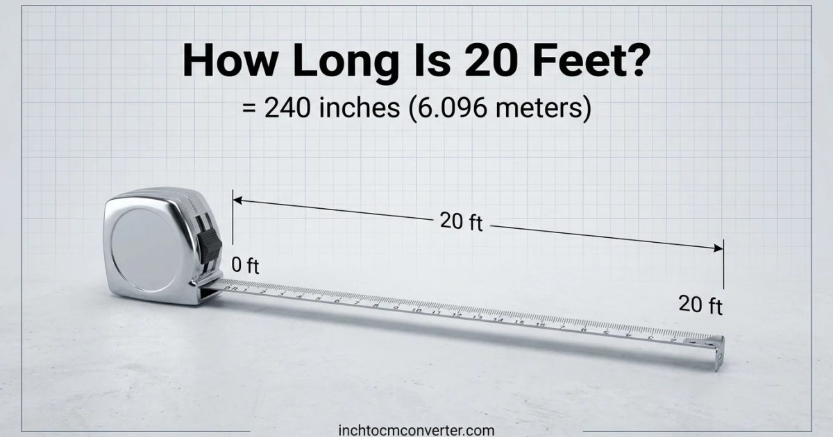 How long is 20 feet - tape measure extended to 20 feet, equal to 240 inches or 6.096 meters