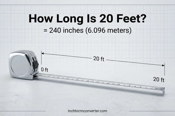 How long is 20 feet - tape measure extended to 20 feet, equal to 240 inches or 6.096 meters