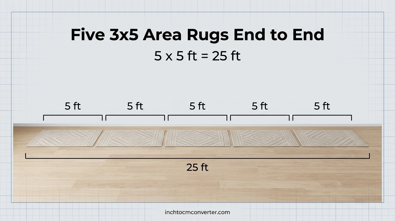 Five Small 3x5 Area Rugs End to End - 25 feet size reference with measurement Five Small 3x5 Area Rugs End to End - 25 feet size reference with measurement