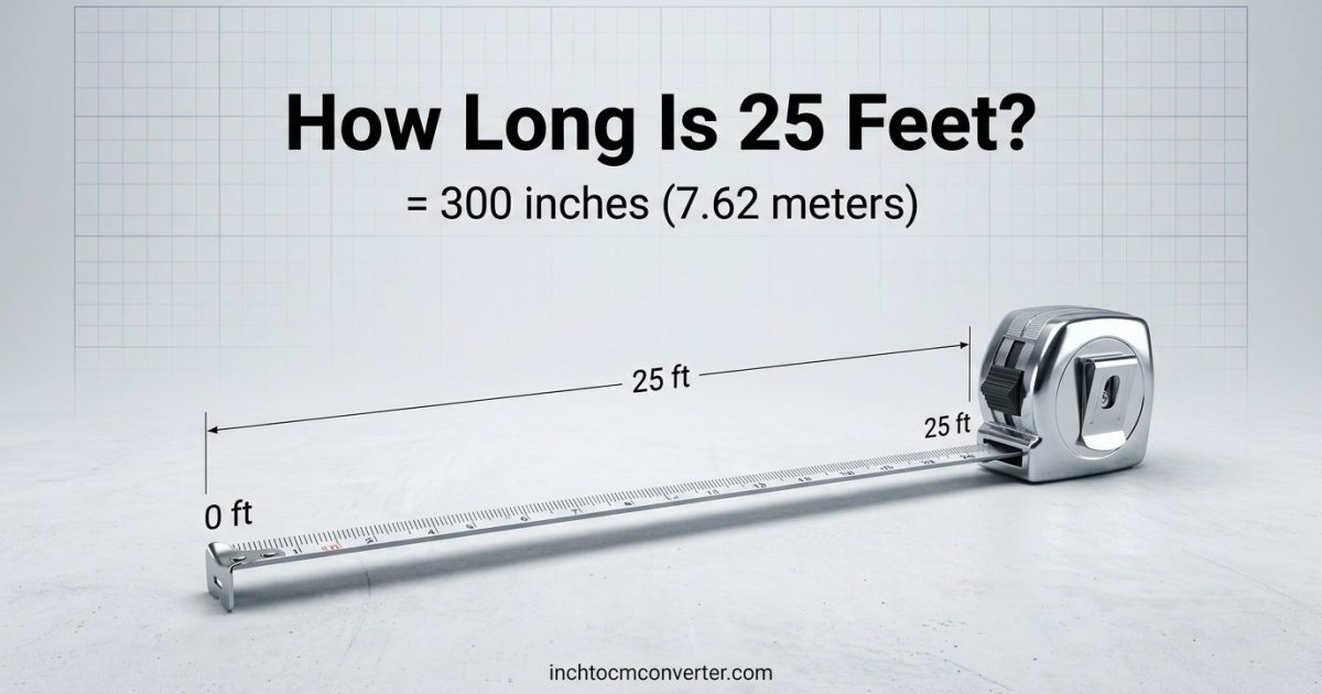 How long is 25 feet - tape measure extended to 25 feet, equal to 300 inches or 7.62 meters