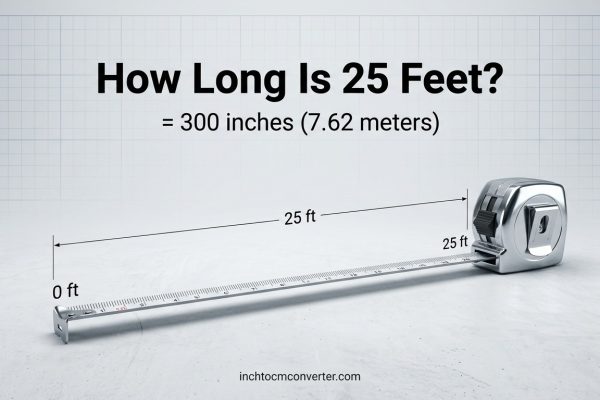 How long is 25 feet - tape measure extended to 25 feet, equal to 300 inches or 7.62 meters