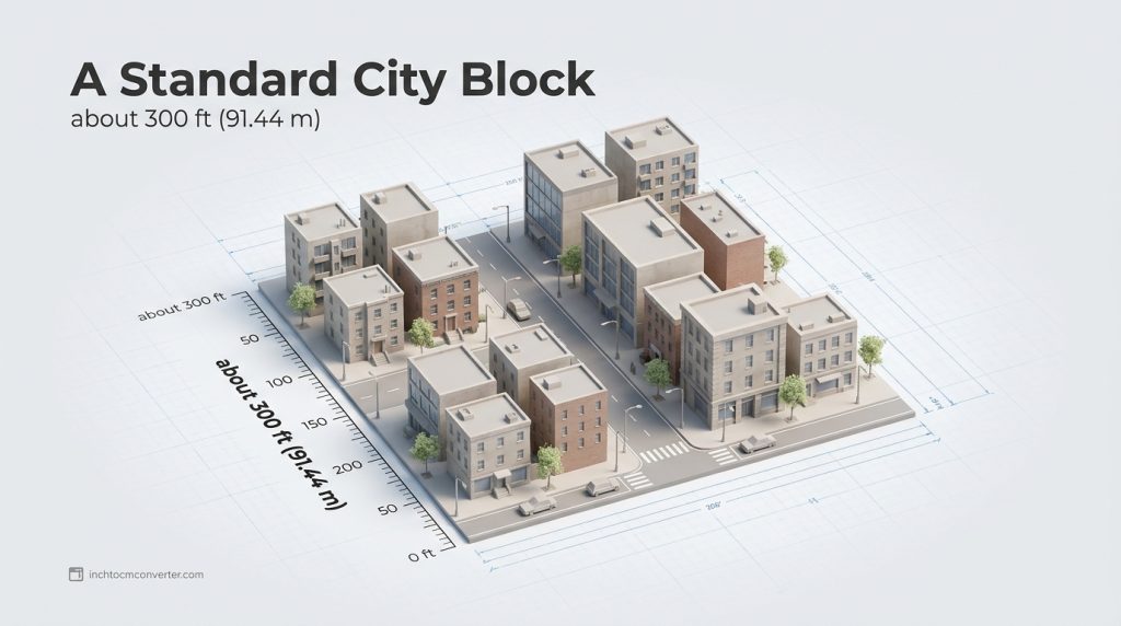 Scaled diagram comparing a standard North American city block to 300 feet