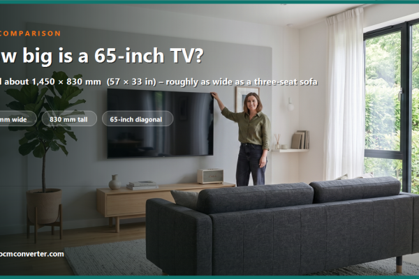 A modern 65-inch flat-screen TV wall-mounted in a living room with a woman standing beside it for scale; the panel is about 1,450 by 830 mm