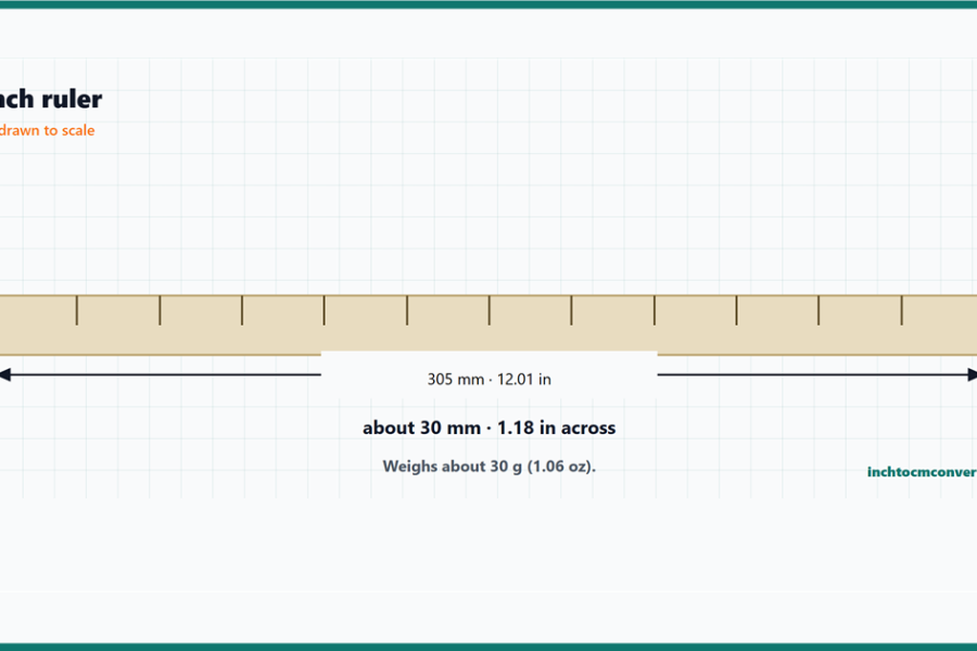 12-inch ruler size reference card - 12-inch ruler dimensions drawn to scale with dimension lines