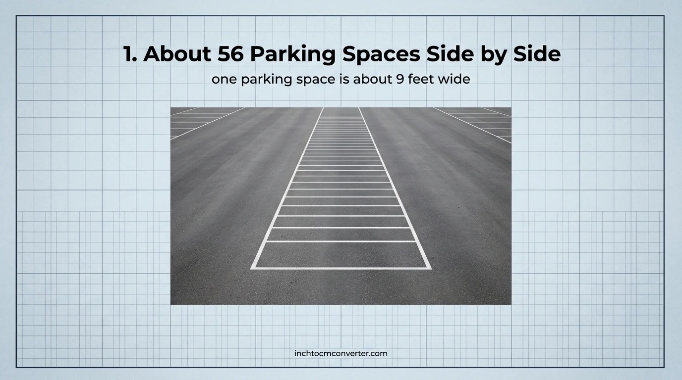 About 56 parking spaces side by side equal 500 feet About 56 parking spaces side by side equal 500 feet