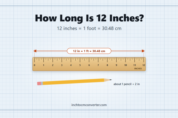 How long is 12 inches - 12 inches equals 1 foot or 30.48 cm