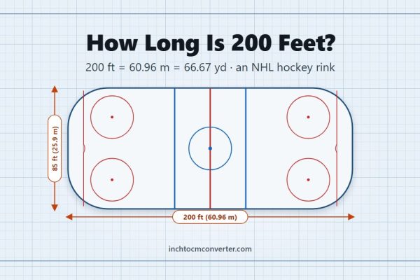 How long is 200 feet - 200 ft equals 60.96 meters, the length of an NHL hockey rink